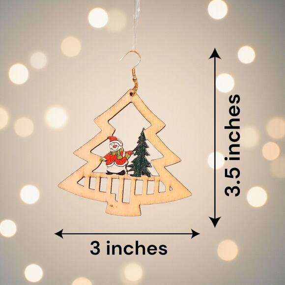 Christmas Tree Wood Earrings New Snowman 3"x3.5" - Picture 2 of 5